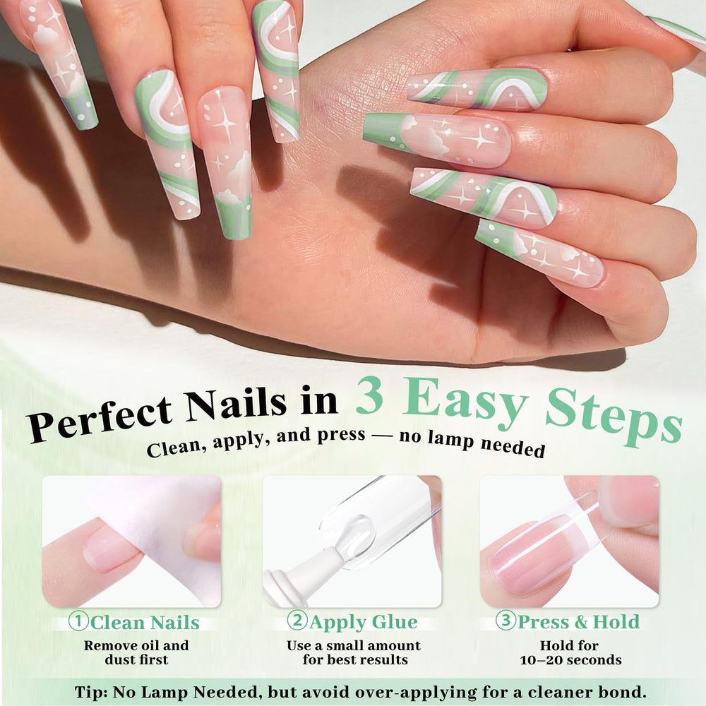 LEYKOSH press-on manicure in lifestyle setting showing polished results at home