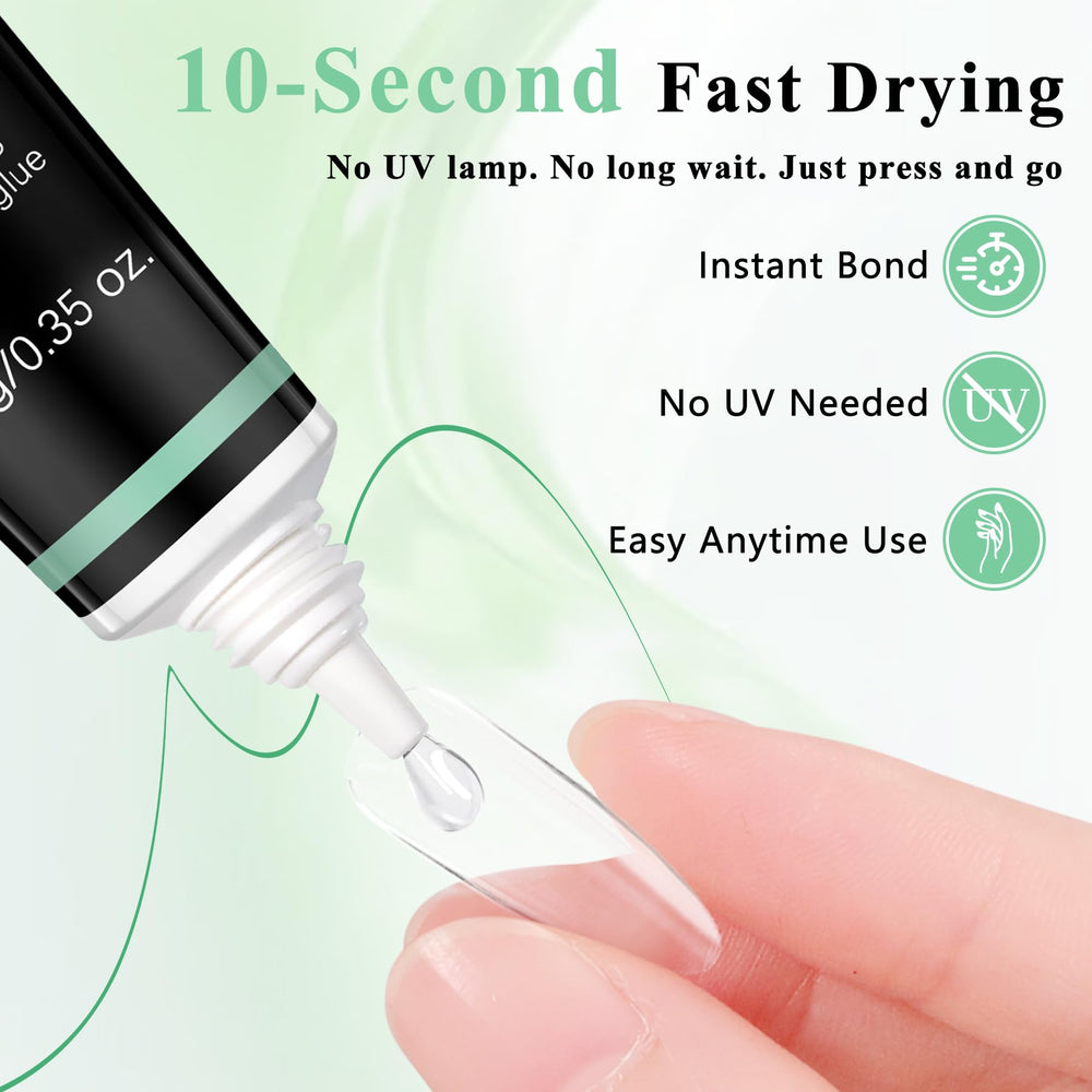 LEYKOSH glue being applied to a press-on nail demonstrating quick, tidy bonding