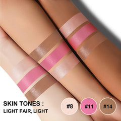 Lezero blush stick being blended on cheek for natural flushed color benefit