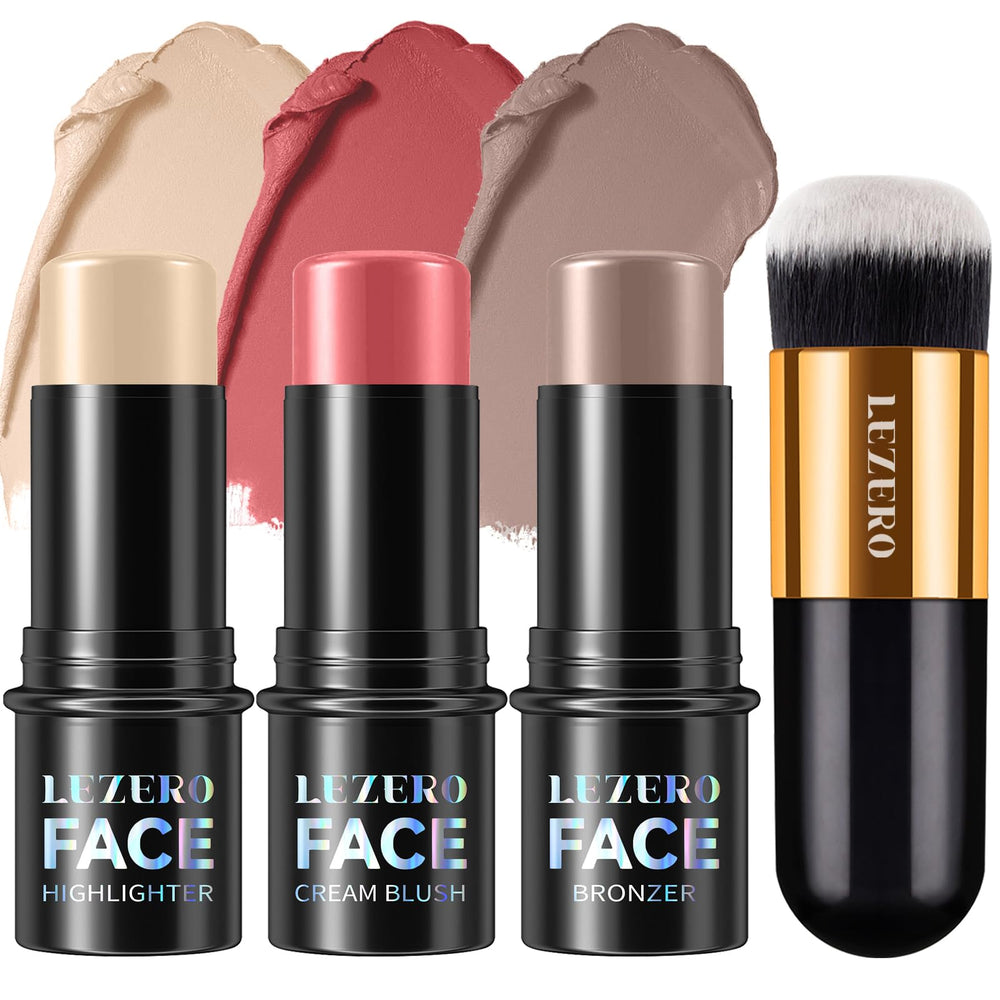 Lezero front packaging showing three stick palette and brush for easy travel