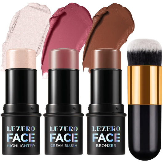 Lezero front packaging of 3-piece neutral contour blush highlighter set shows compact case and sticks