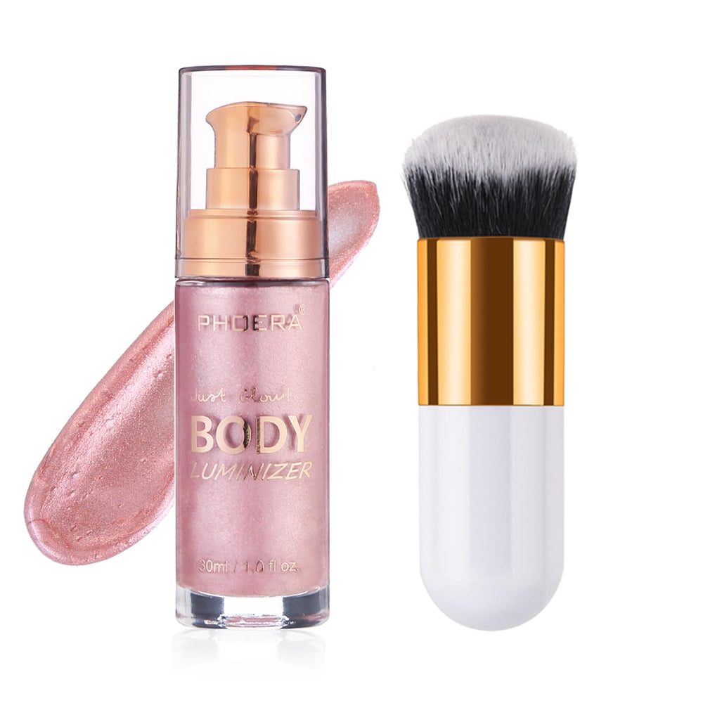 Lezero bottle front view showing Sparkle Pink luminizer and sleek packaging benefit: easy identification