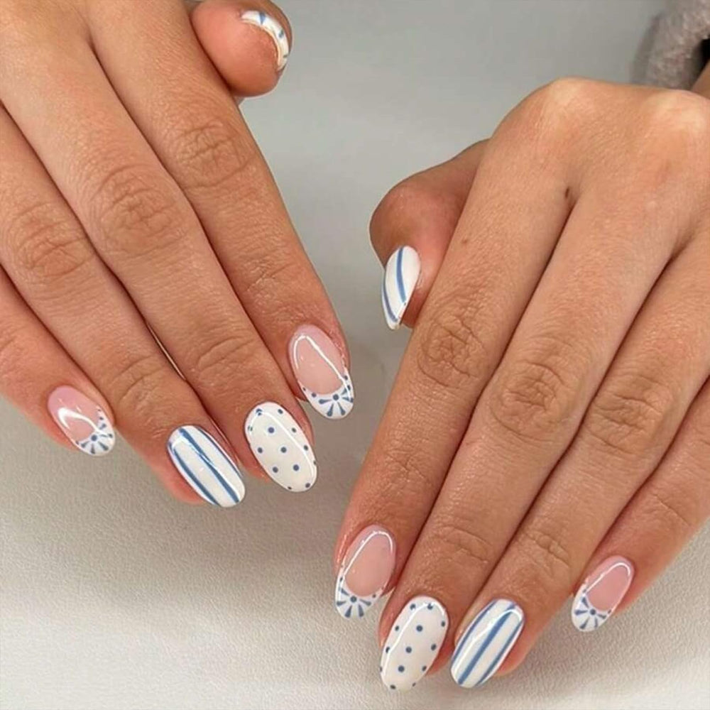 LFAAYYF front packaging showing blue white stripe nails and glossy finish benefit