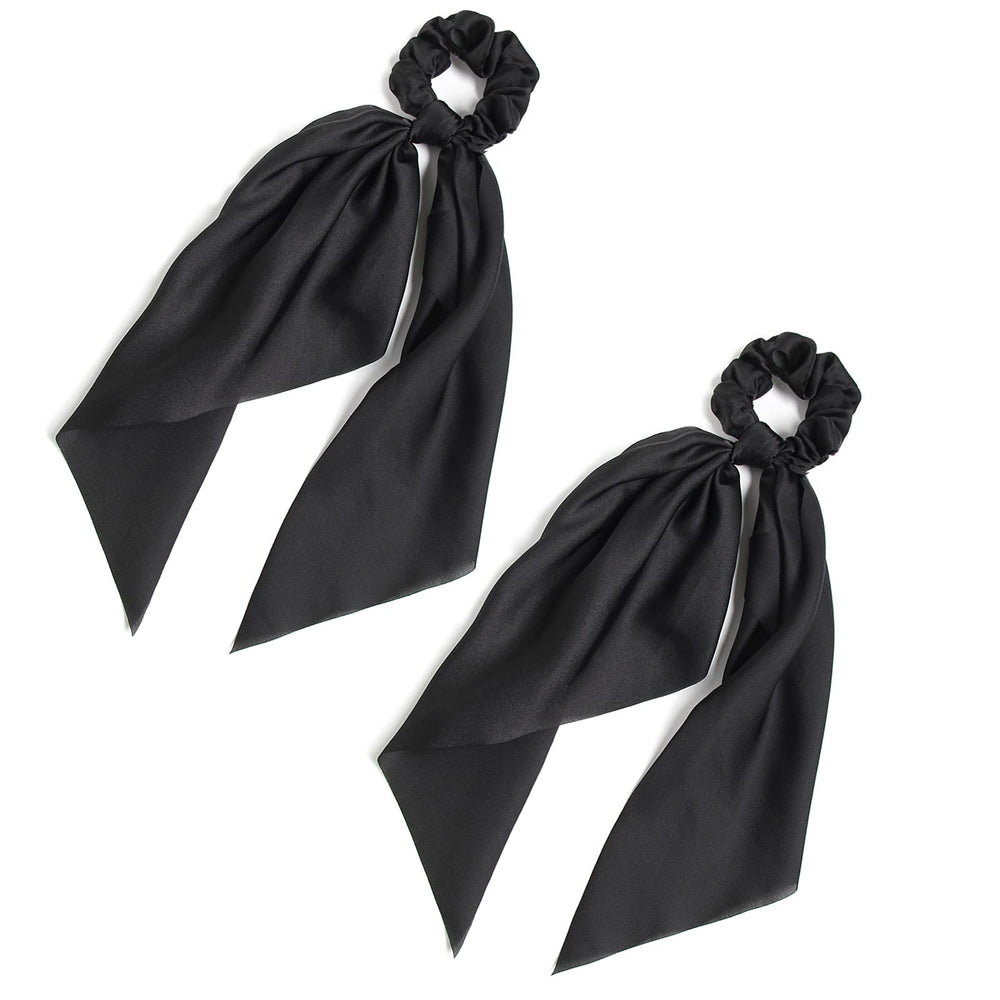 LFOUVRE front view of two black knotted bow scrunchies for polished hold