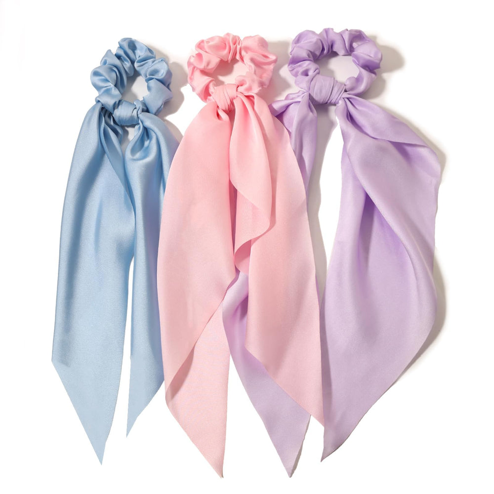 LFOUVRE front view of three satin scrunchies showing colors and style benefit