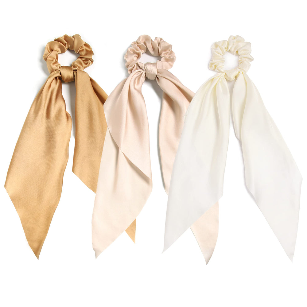 LFOUVRE front view of three scrunchies in camel apricot ivory showing coordinated colors and convenience