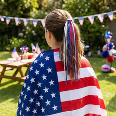LFUTARI model wearing ponytail at a park parade showcasing instant festive American-themed style
