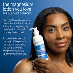 Person massaging LIFE-FLO lotion into forearm showing soothing application benefit