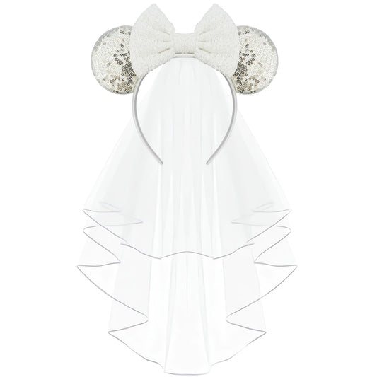 LIHELEI front view of silver mouse ear headband showing veil for instant celebration style