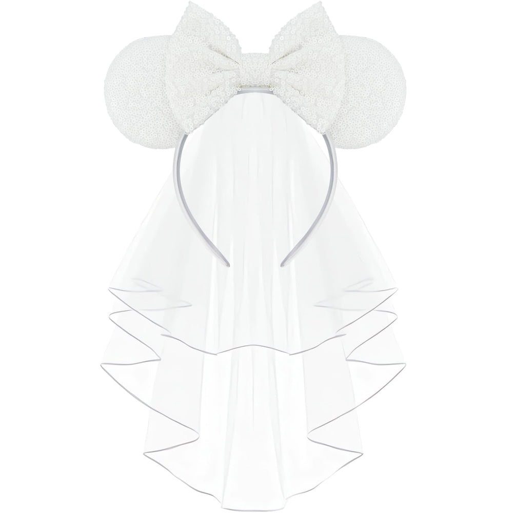 LIHELEI front view of white sequin mouse ear headband showing playful bridal look