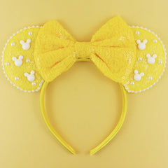 LIHELEI front view of yellow sequin mouse ears headband shows playful sparkle