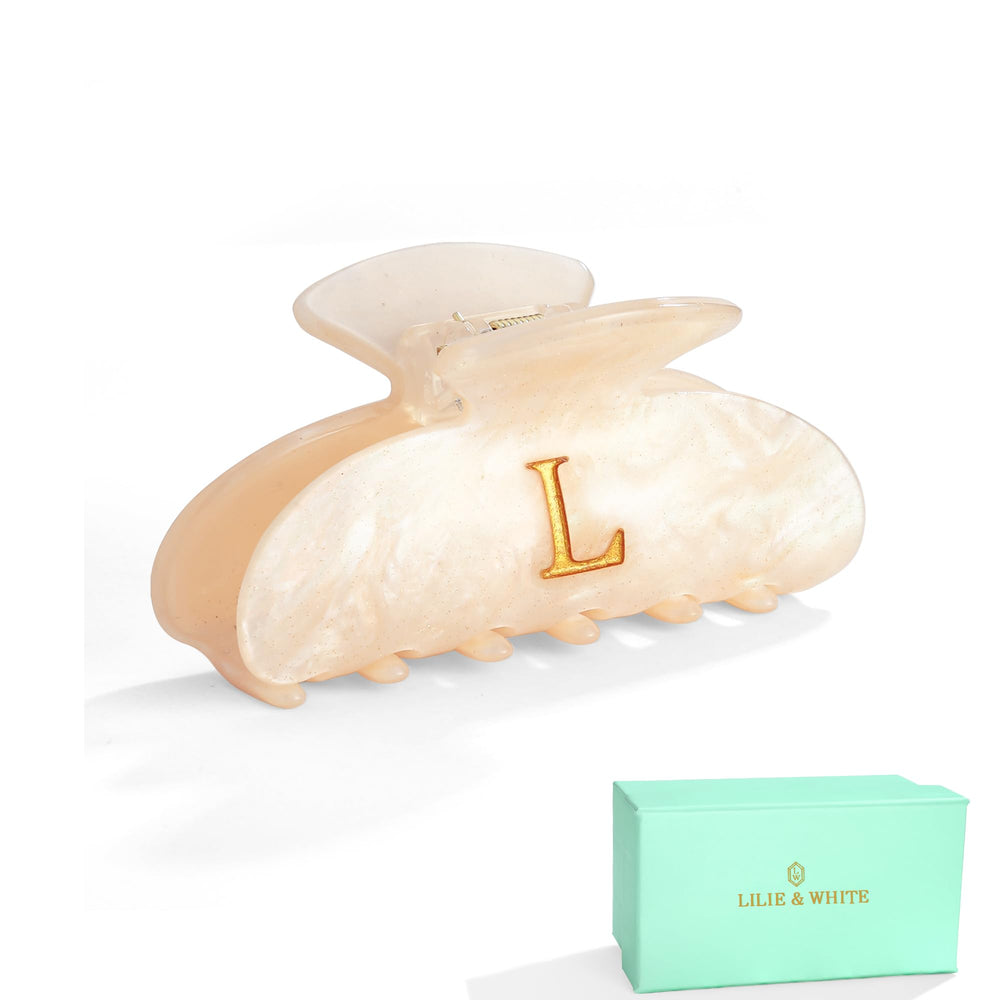 LILIE&WHITE front view of L monogram clip showing elegant finish and secure hold