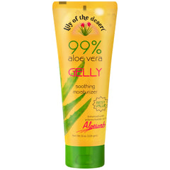 Lily Of The Desert front bottle showing clear gel and label, soothes and hydrates