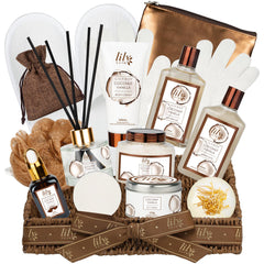 LILY ROY front view of the coconut vanilla gift basket showing presentation benefit