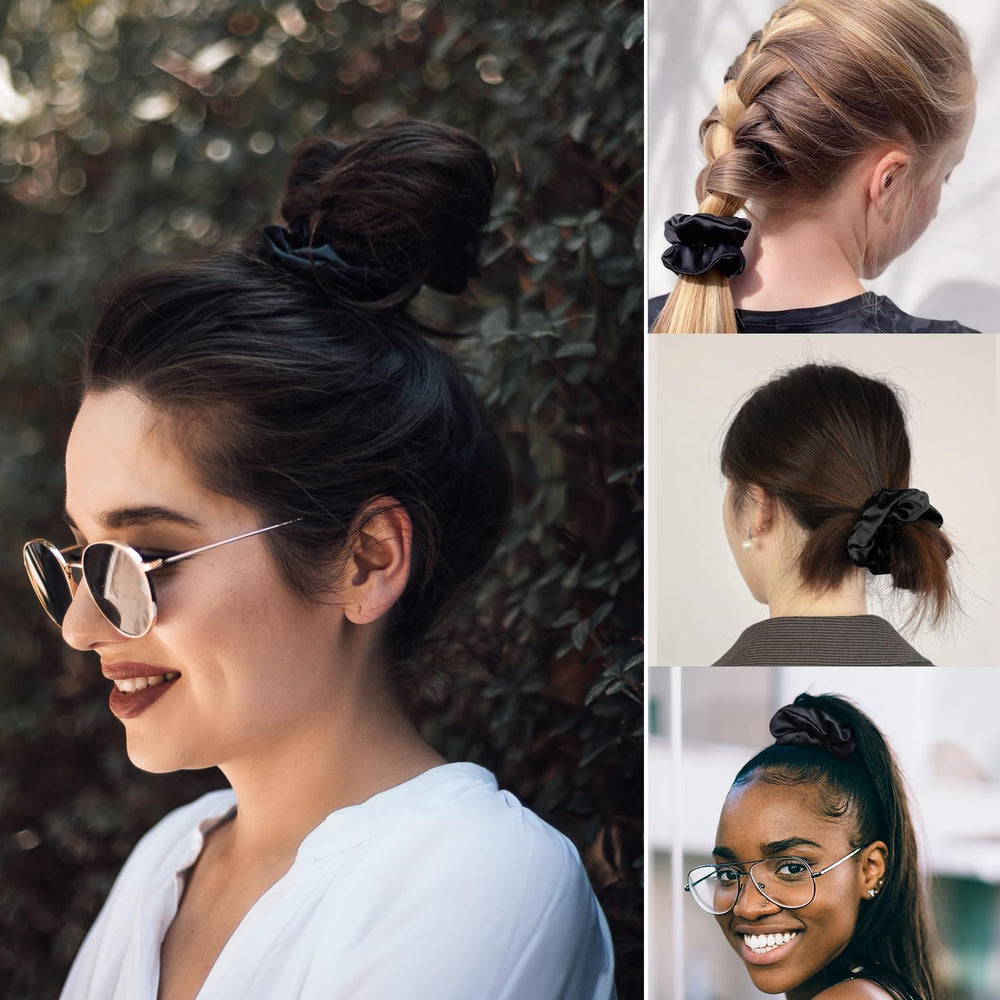 LilySilk assorted color scrunchies styled on a vanity showing versatile style-matching benefit