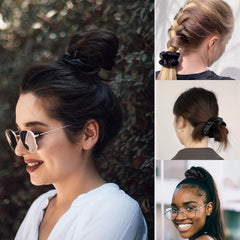 LilySilk assorted color scrunchies styled on a vanity showing versatile style-matching benefit