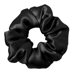 LilySilk front view of black silk scrunchie showing neat finished seam and sheen benefit