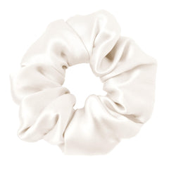 LilySilk ivory scrunchie front view showing elegant sheen and protective hold