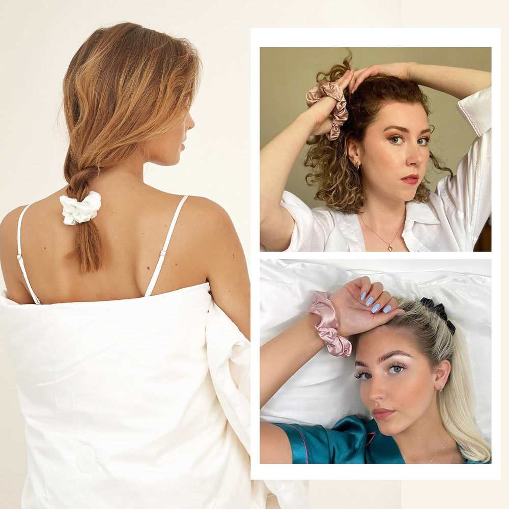 LilySilk scrunchy on a vanity, lifestyle shot showing gentle care and everyday use