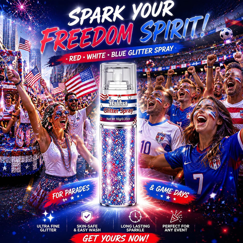 Lingyun spray in use on hair adding patriotic shimmer for festival-ready style