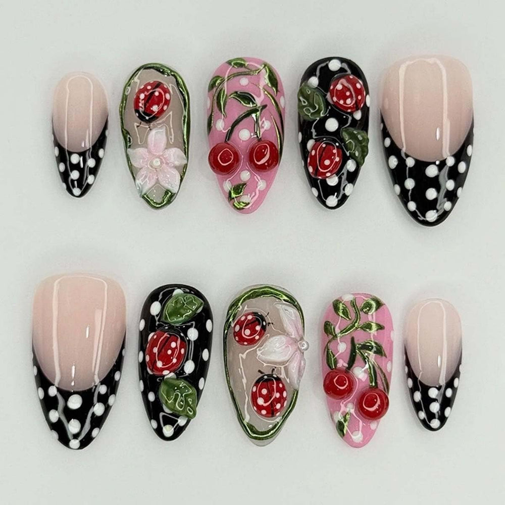 LINMEIZAI front packaging showing French tip cherry and ladybug design for instant polish