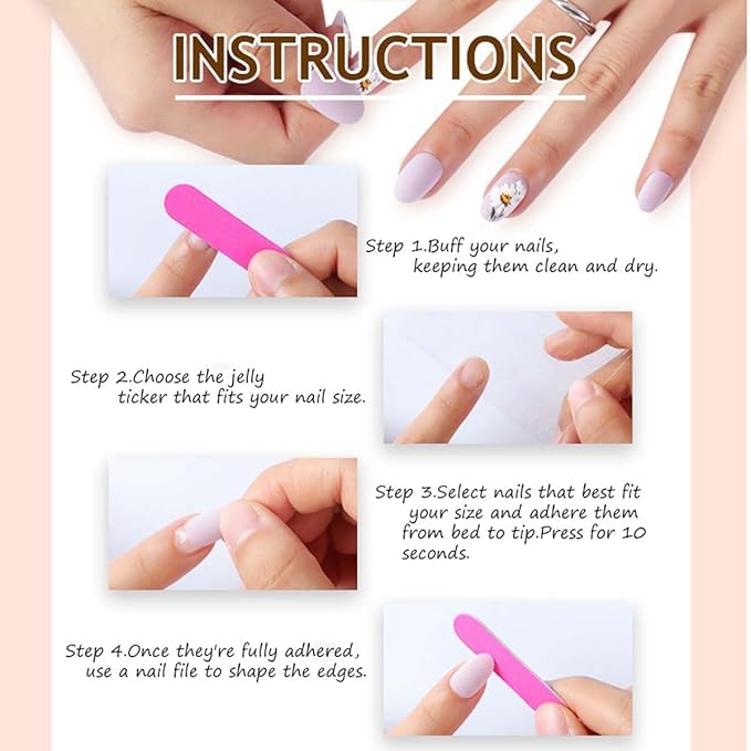 LINMEIZAI hands applying press-on nail with jelly glue sticker for quick application