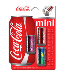 Lip Smacker front view of three Coca‑Cola mini can balms showing collectible packaging and appeal