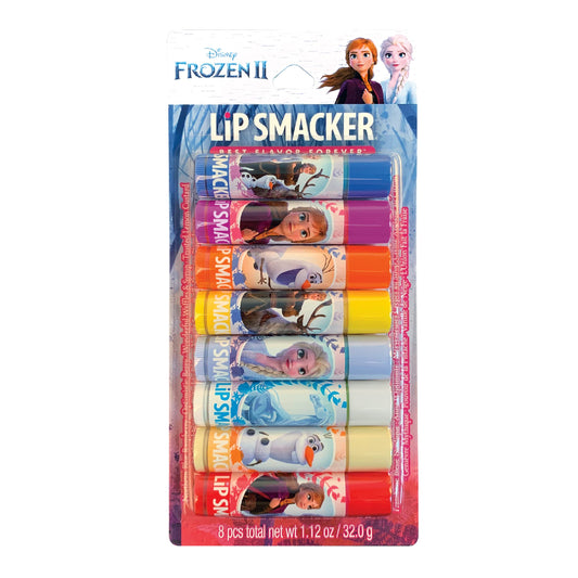 Lip Smacker Frozen 2 front packaging showing all eight tubes and characters, playful gift appeal