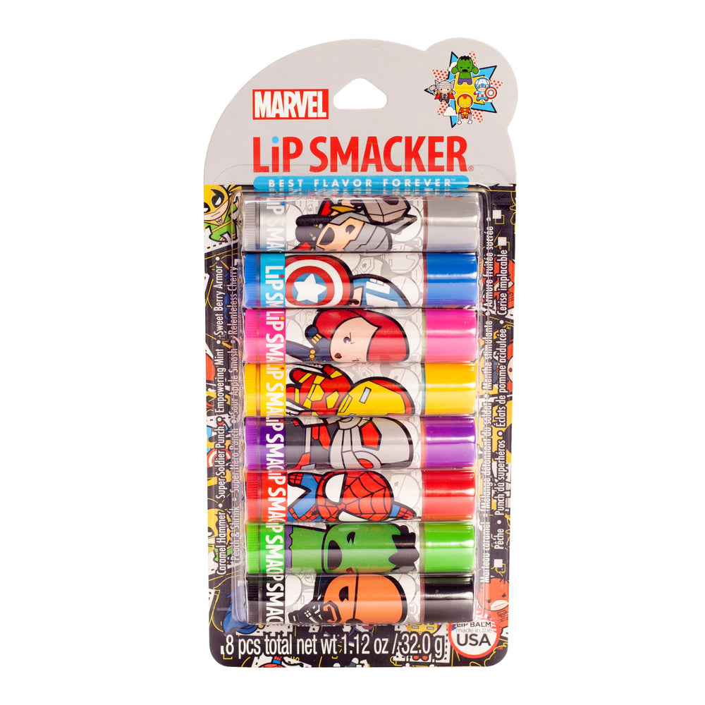 Lip Smacker front packaging showing Marvel characters and bright collectible design benefit: fun gifting
