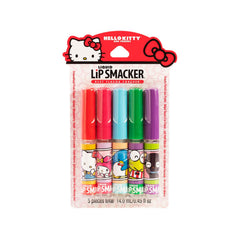 Lip Smacker front packaging showing five Sanrio character glosses and bright, collectible design