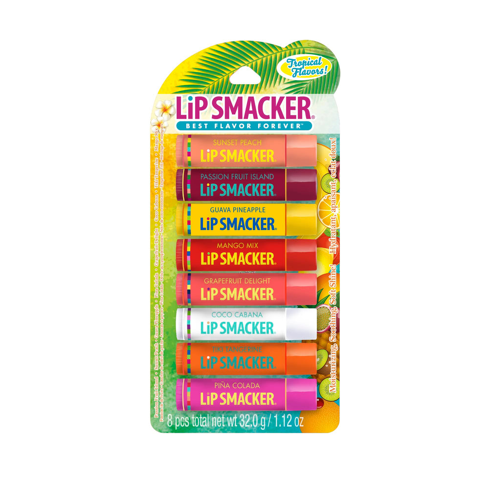 Lip Smacker front packaging showing all eight tropical flavors and bright design benefit quick flavor choice