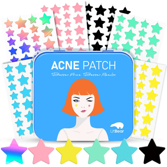 LitBear front packaging showing colorful star pimple patches and case, convenient carry benefit