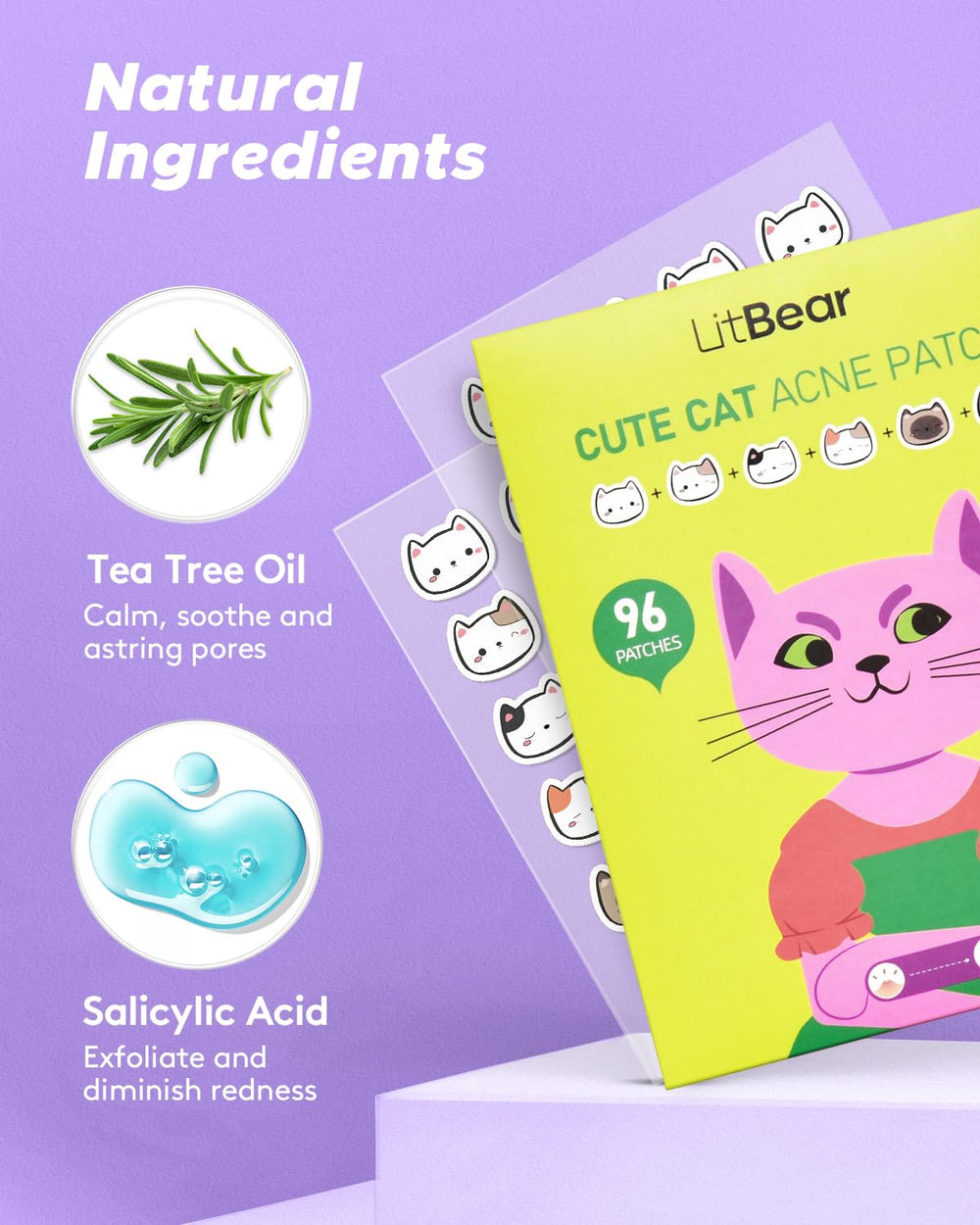 LitBear tea tree and salicylic acid ingredients depicted for soothing action