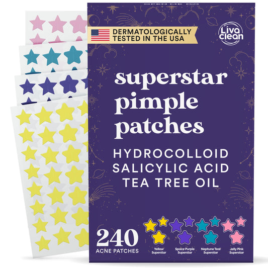 LivaClean front packaging showing 240 star pimple patches and colorful design for confidence