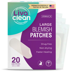 LivaClean front packaging showing 20 large pimple patches with clear benefits