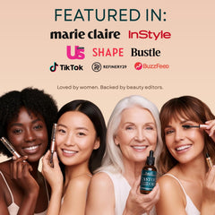 Live Fraiche tube beside makeup items showing compact travel-friendly convenience