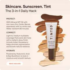 Live Tinted Hueguard pump and label close-up highlighting ingredients and SPF 50 for informed use