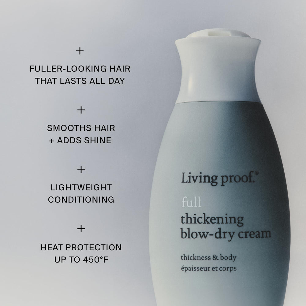 Living Proof split before and after blowout showing increased fullness and shine