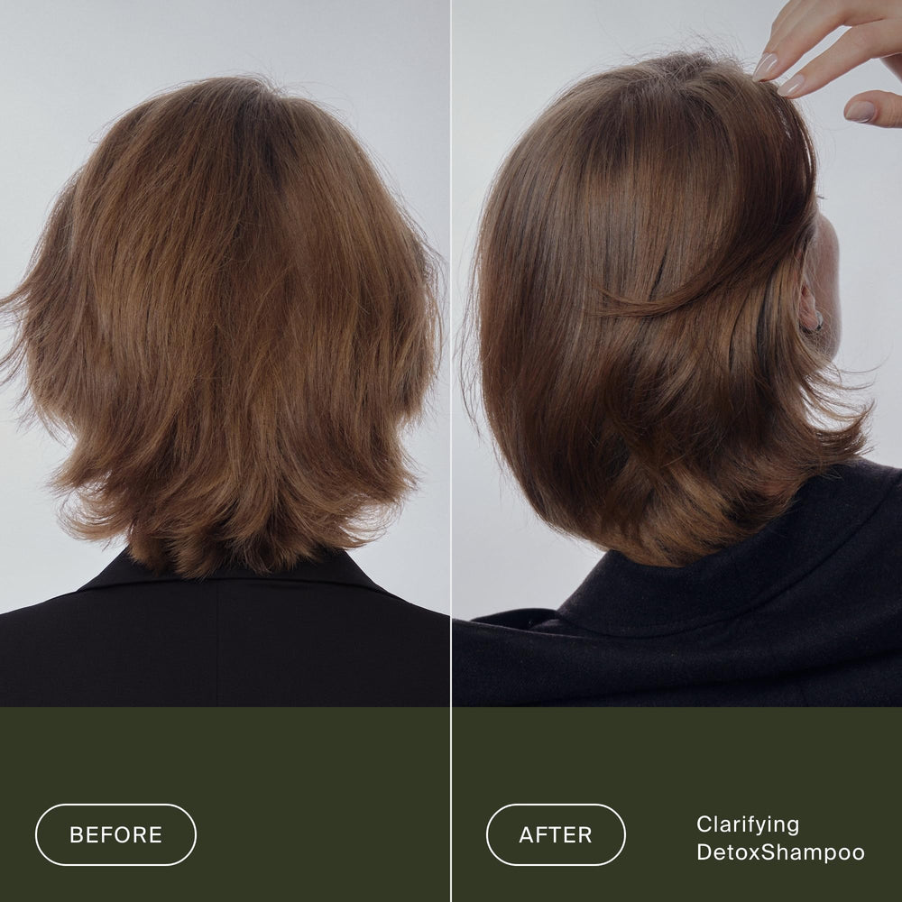 Living Proof before and after photos showing brighter less weighed hair