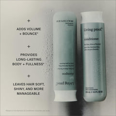 Living Proof full conditioner in hand displays 33.8 oz scale and value benefit
