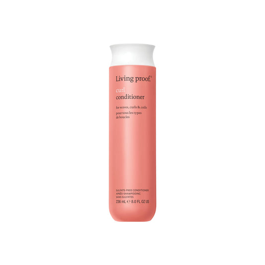 Living Proof curl conditioner front bottle shows product branding and easy identification