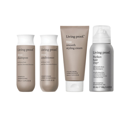 Living Proof front packaging showing the full travel-size kit and easy packing benefit