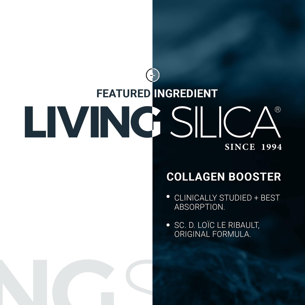 Living Silica label close-up highlighting ingredients and clinical backing benefit