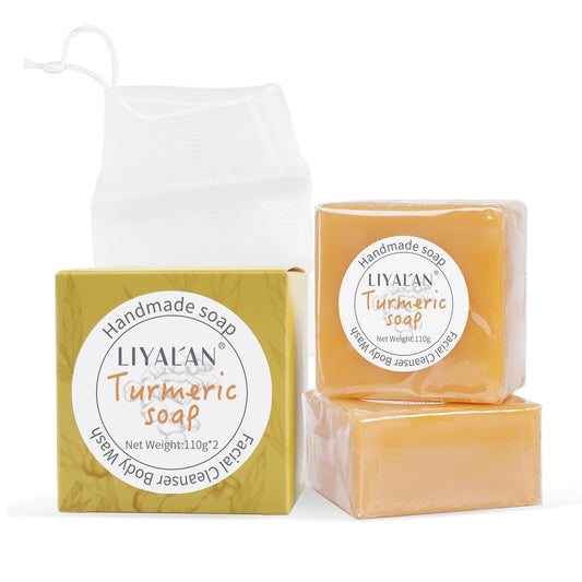 LIYALAN front packaging showing two turmeric soap bars and benefits