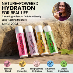 LizardLips tubes on a beach towel for vacation-ready lip care and UV protection