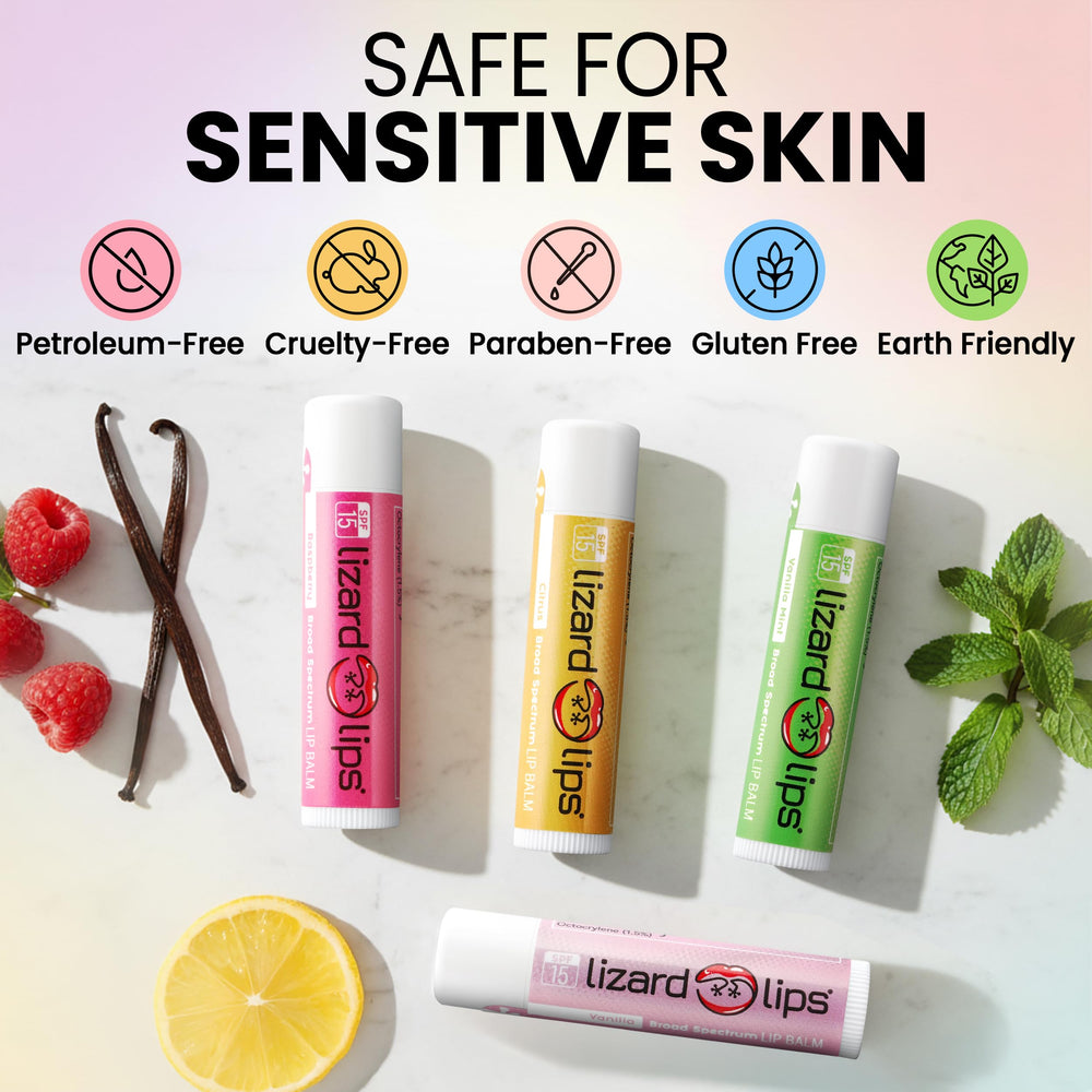 LizardLips citrus applied to lips outdoors highlighting sun protection and fresh scent