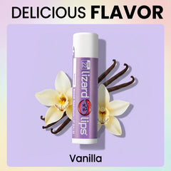 LizardLips closeup label listing natural ingredients and reassuring benefit