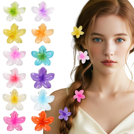 LLMSIX front view of 12-plumeria clips showing colors and compact pack — bright styling