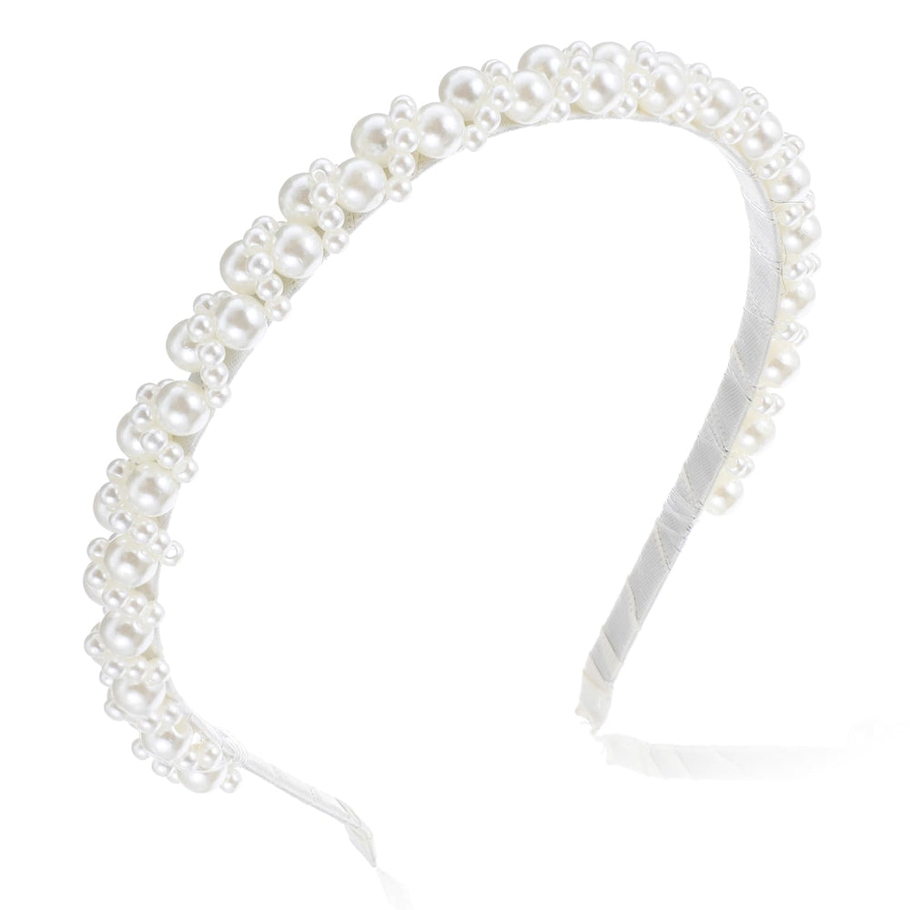 LLOUSSAK front view of white pearl headband showing elegant styling benefit