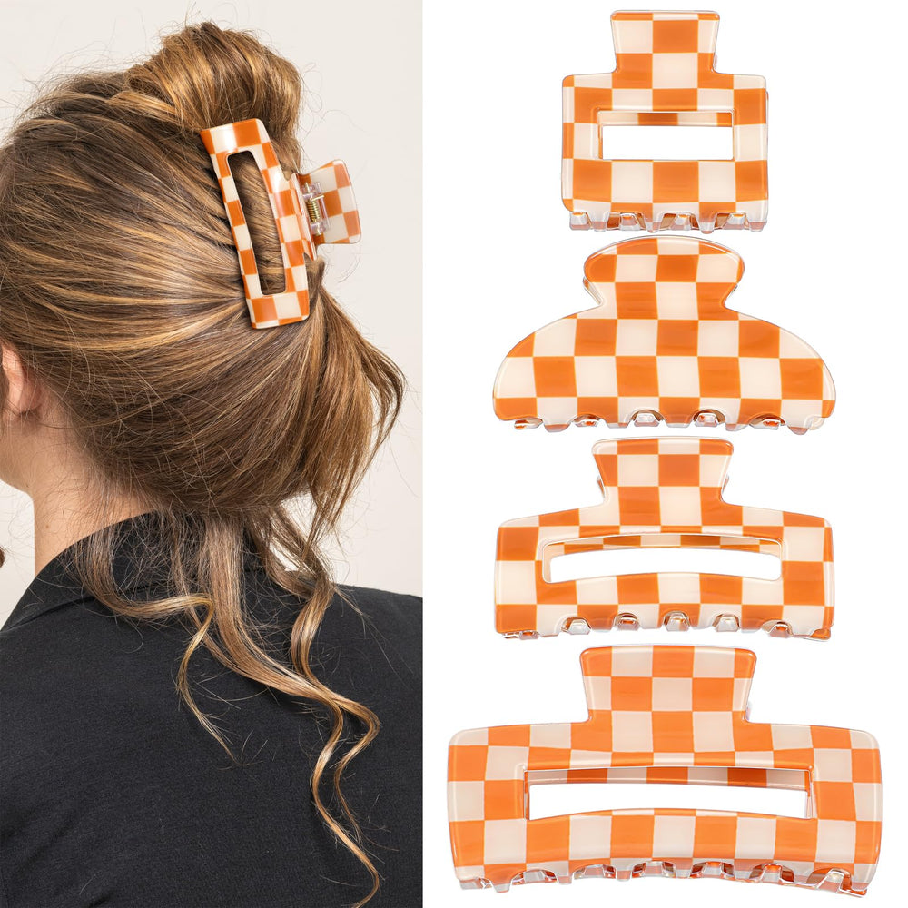 LLOUSSAK front view of four orange white checkered clips showing variety and style benefit